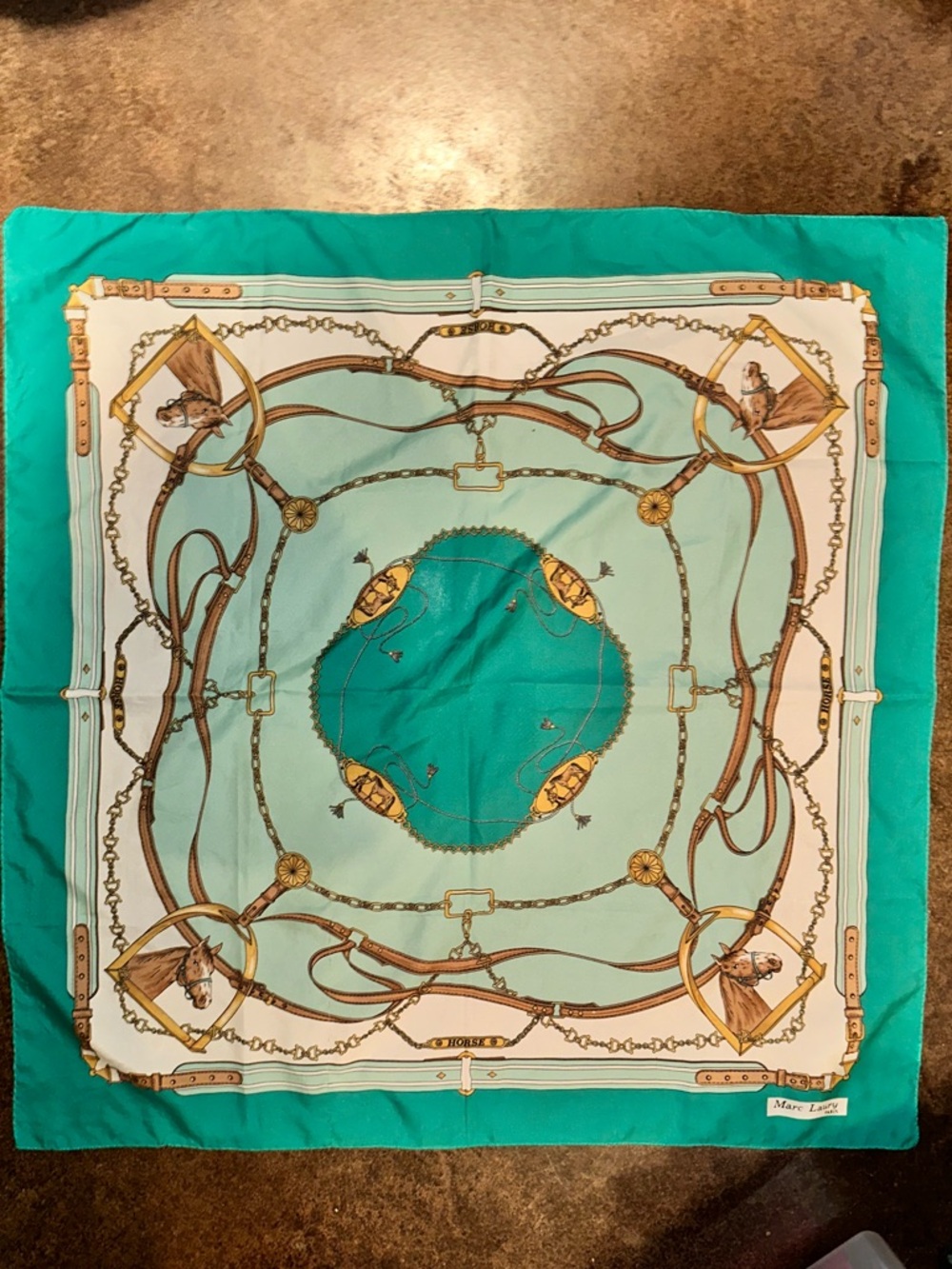 Marc Laury Scarf Women OS Teal Mint Like New Equestrian Horse Chain Print